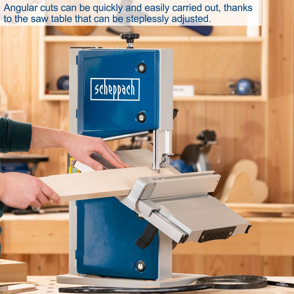 Scheppach bandsaw with adjustable tilting table for accurate angled cuts