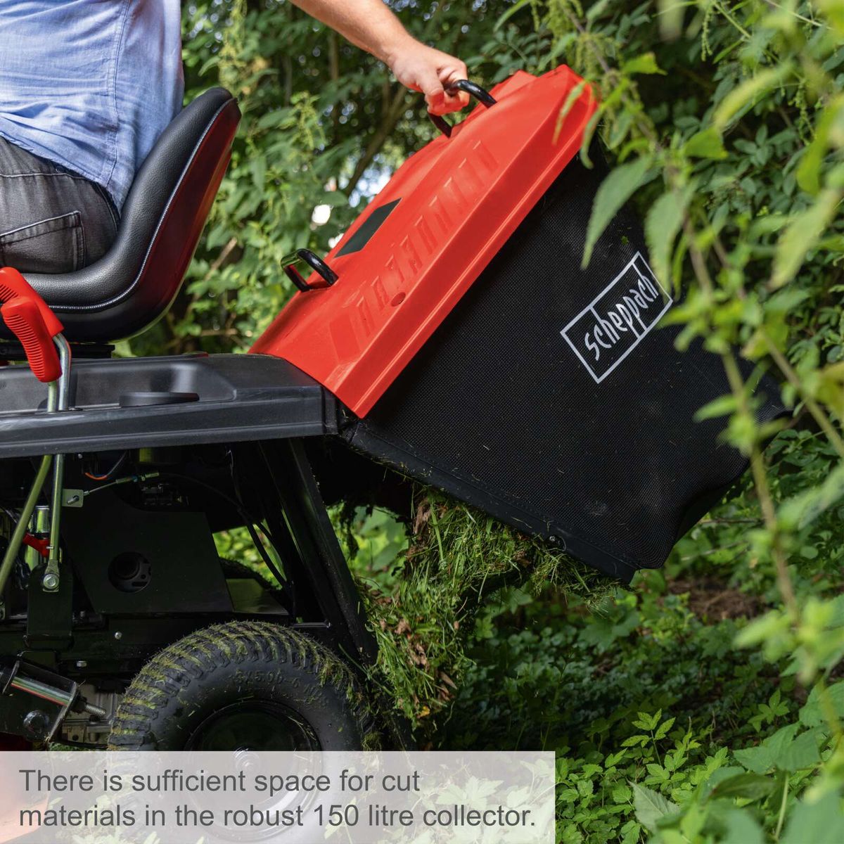 Robust 150-litre collector for Scheppach petrol ride-on lawnmower with ample material space