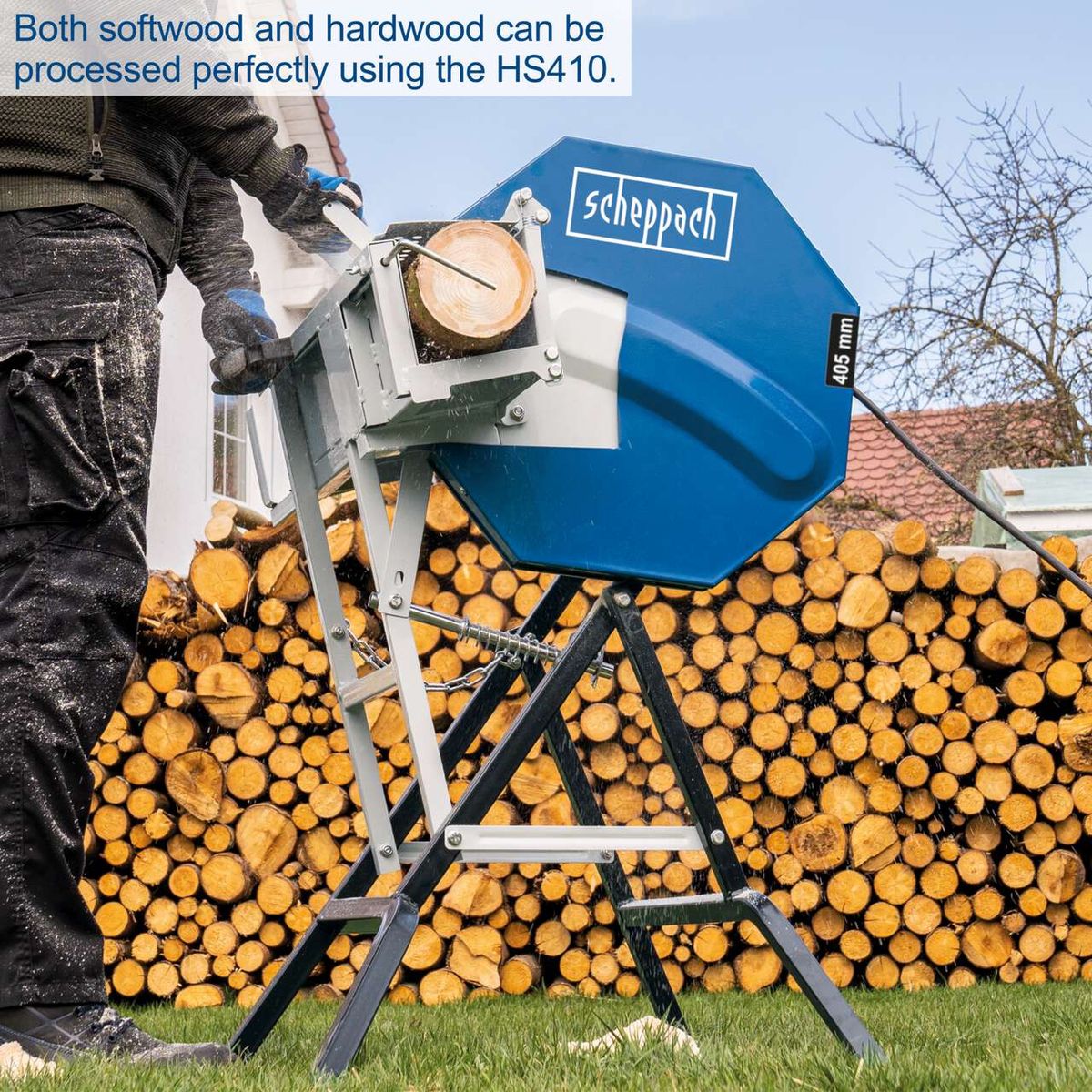 Scheppach HS410 rocker log saw with wood stack for efficient cutting