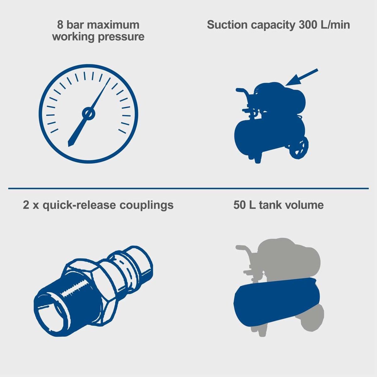 Scheppach HC51Si compressor specs: Max working pressure 8 bar, suction capacity 300 L/min