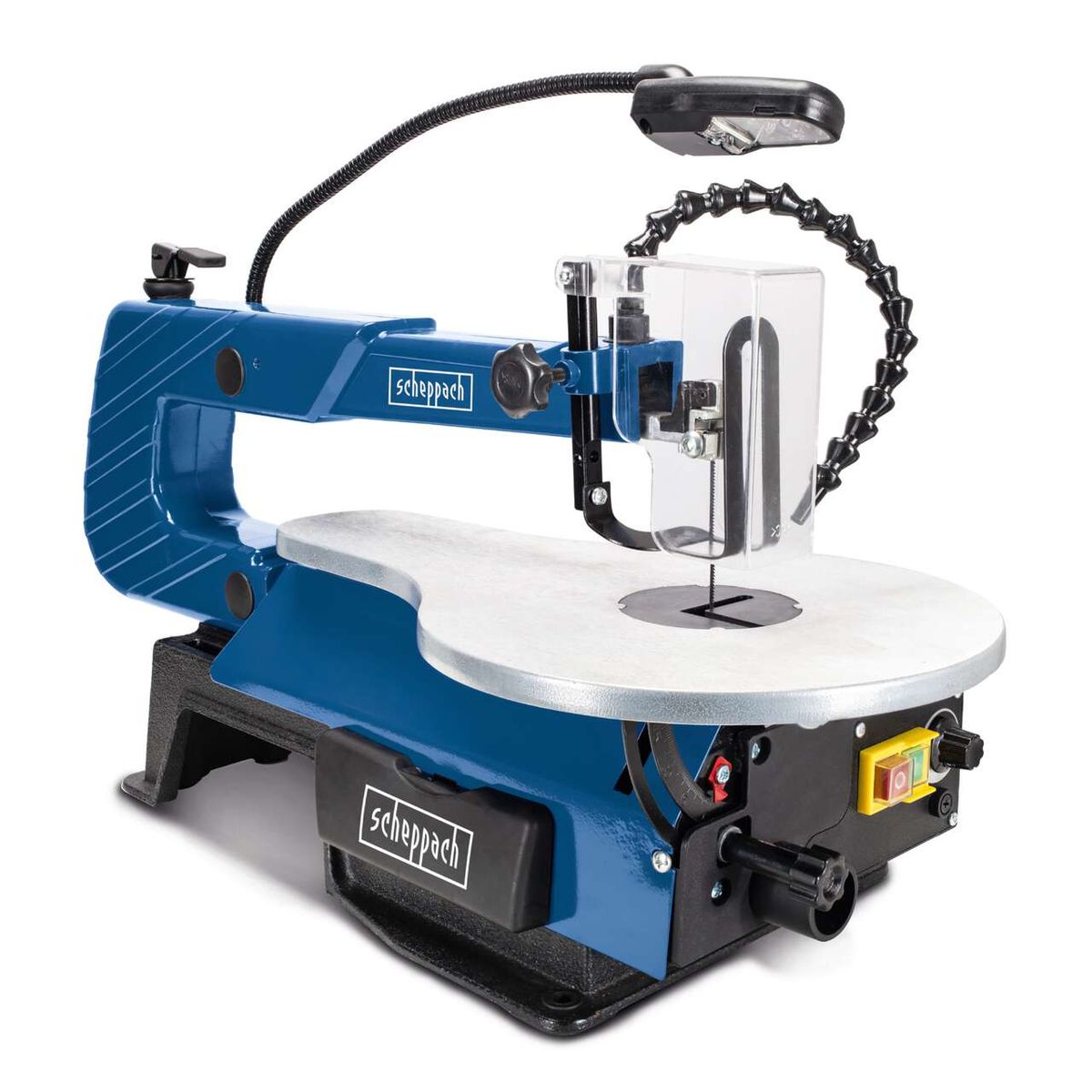 Scheppach scroll saw featuring LED lighting and blower attachment, 120W, 50mm cutting height, 134mm blade length