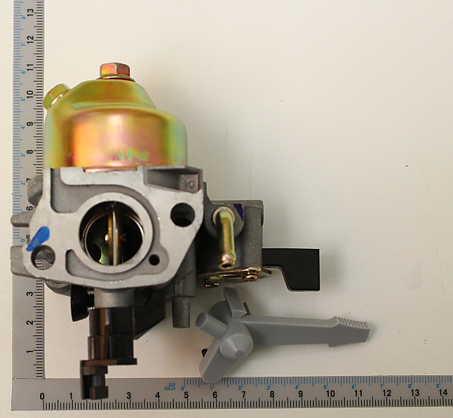 Scheppach carburetor with fuel valve, showing internal components and adjustment mechanism