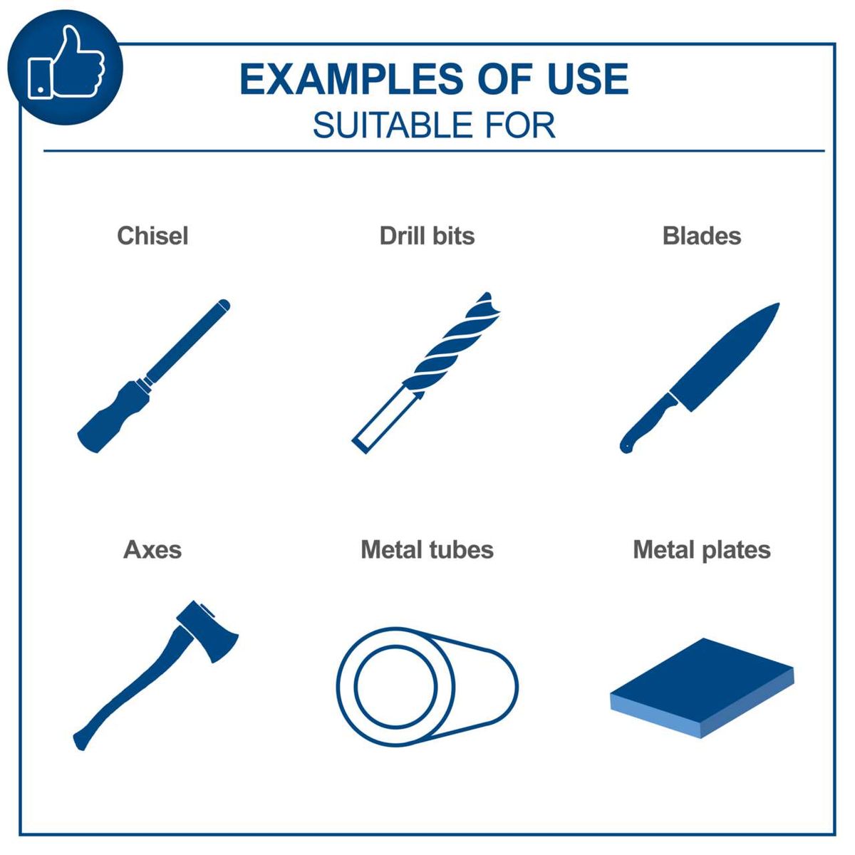 Examples of typical tools and their uses: Chisels, drill bits, blades, axes, metal tubes, metal plates