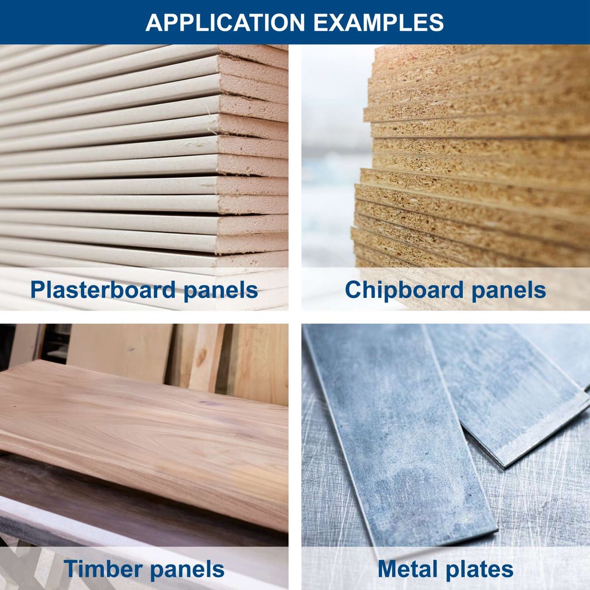 Illustrates different panels: Plasterboard, chipboard, timber panels, and metal plates for tool mounting.