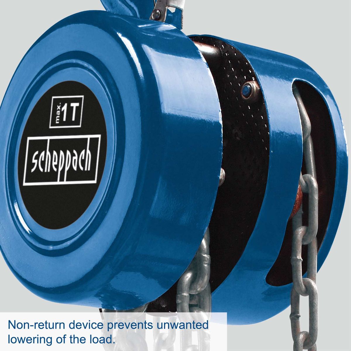 Scheppach chain hoist with non-return mechanism preventing unintended load lowering