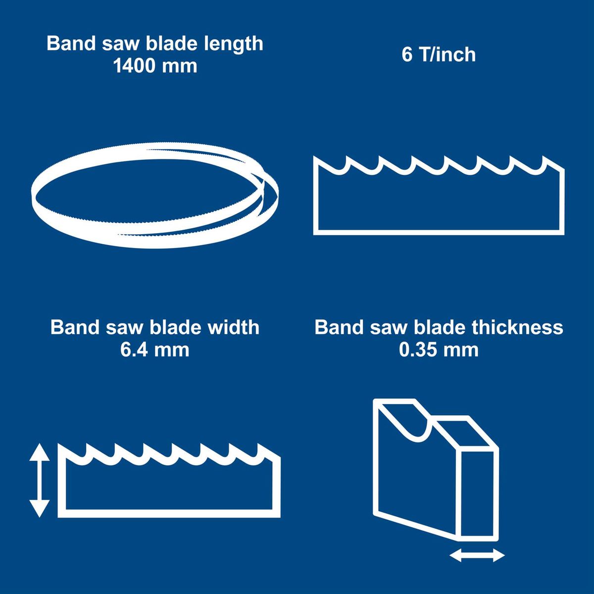 Band saw blade measuring 1400 mm long, 6.4 mm wide, 0.35 mm thick with 6 teeth per inch