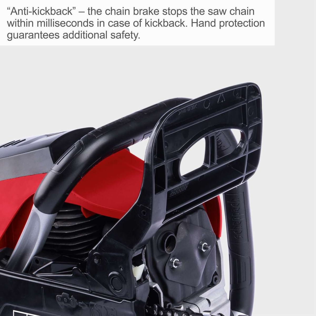 Scheppach chainsaw featuring anti-kickback brake and hand guard for rapid chain stopping