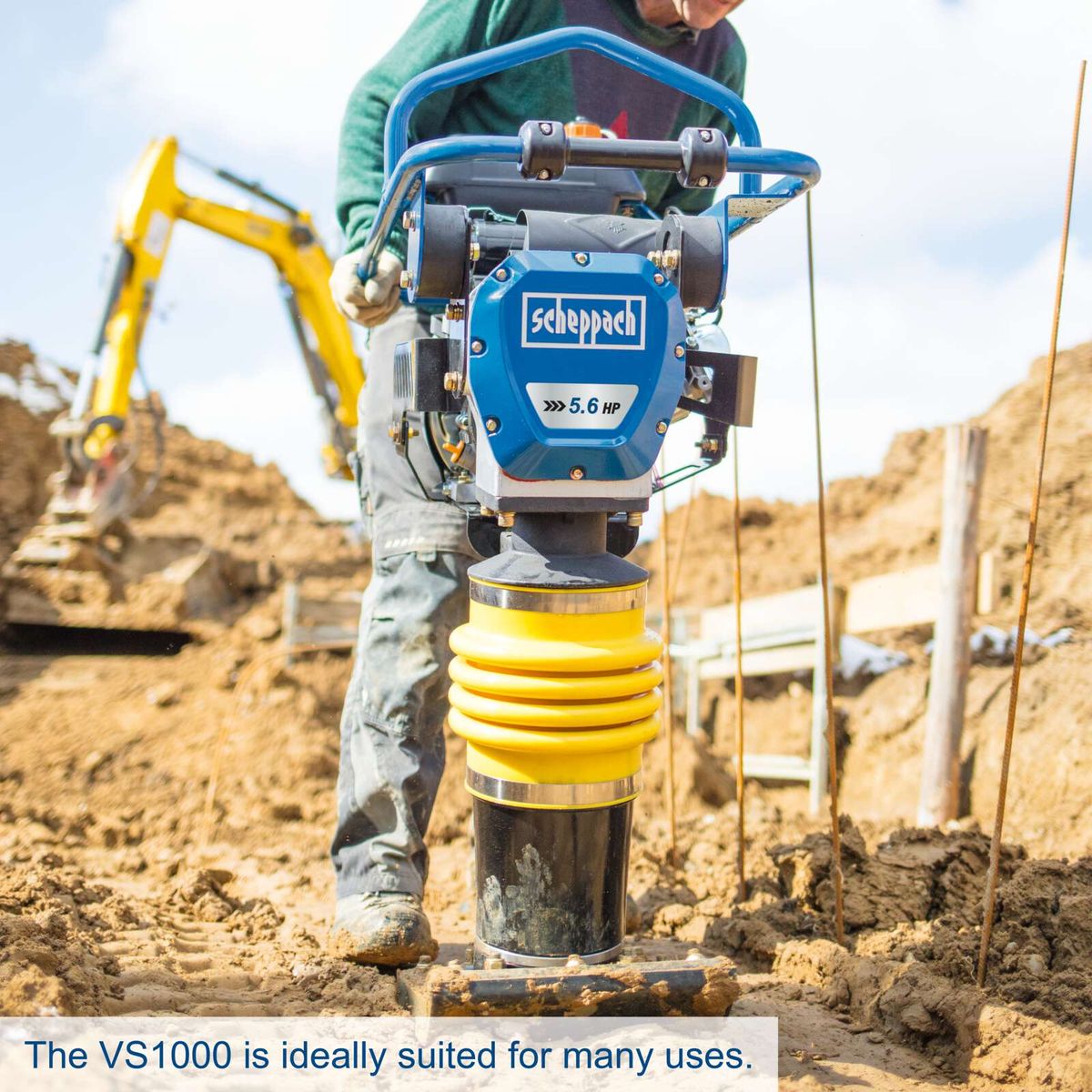 Scheppach VS1000 petrol-powered tamping rammer with transport wheels and 5.6 HP engine