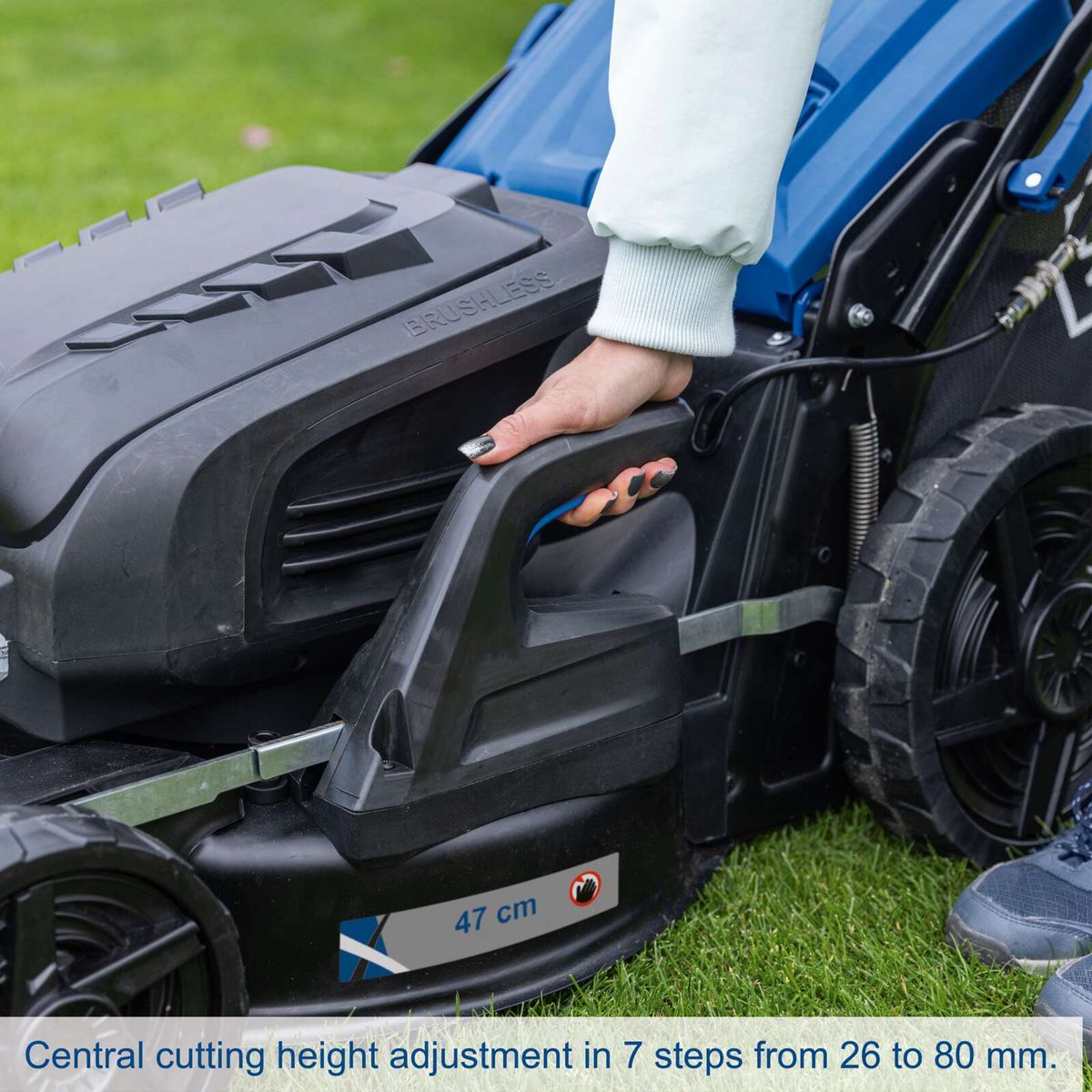 Central cutting height adjustment feature showing 7 settings from 26 to 80 mm for lawnmower