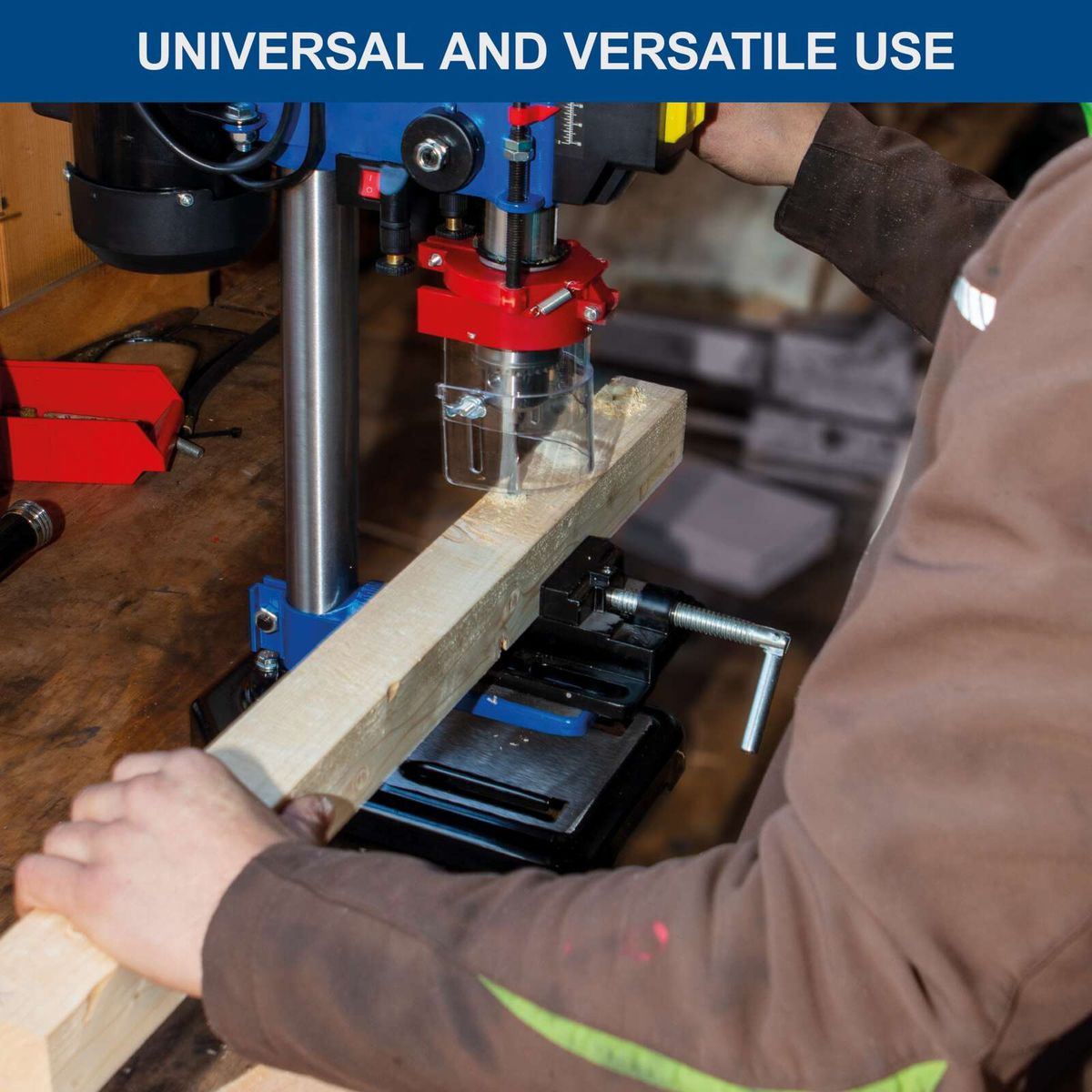 Bench pillar drill with laser guide and clamp attachment for accurate drilling