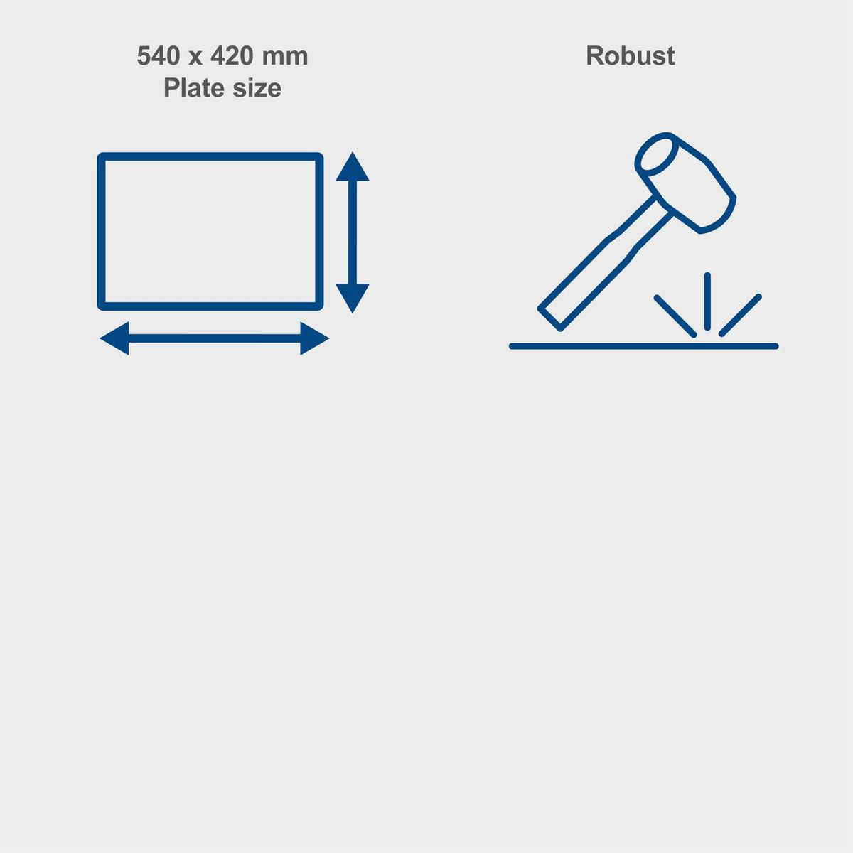 Robust 54 x 42 cm petrol vibrating plate with key specifications illustrated