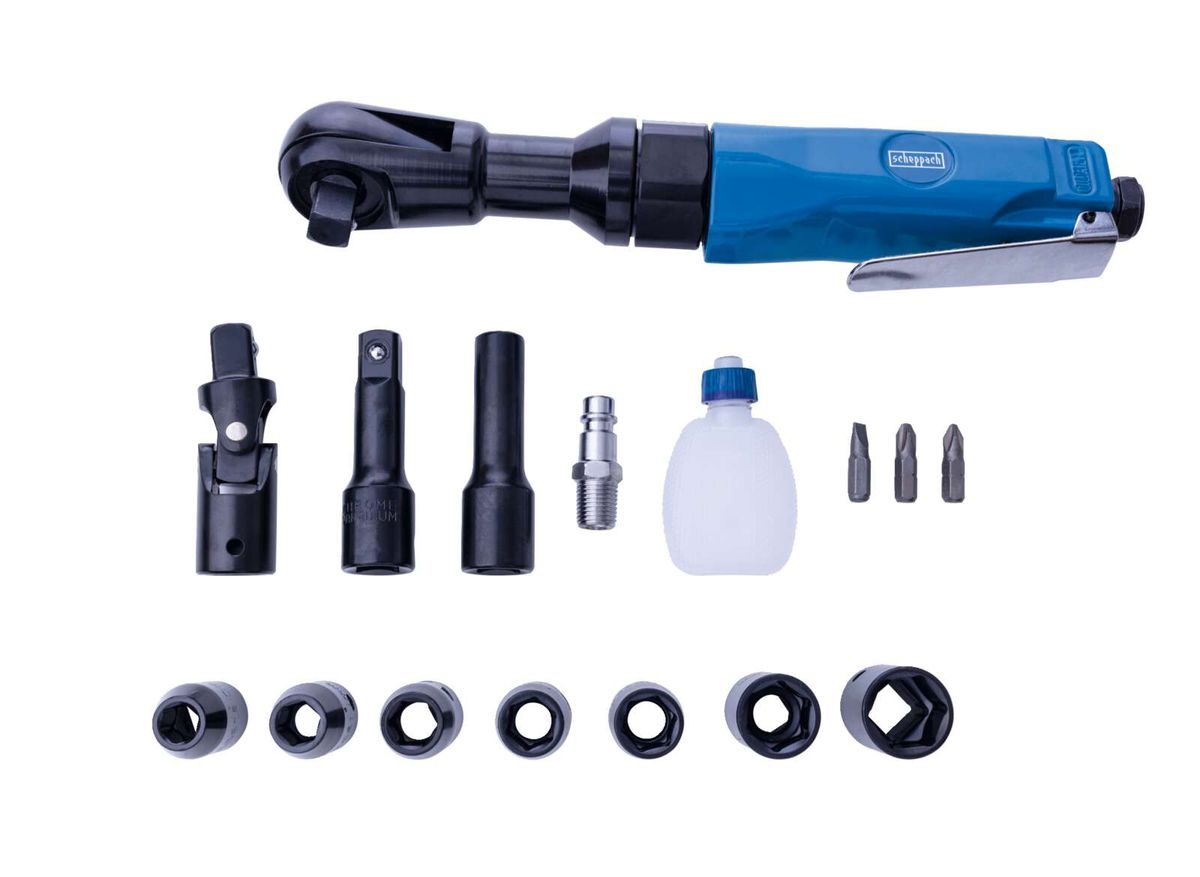 Scheppach air impact wrench accessory set with various adapters, sockets, and drill bits.