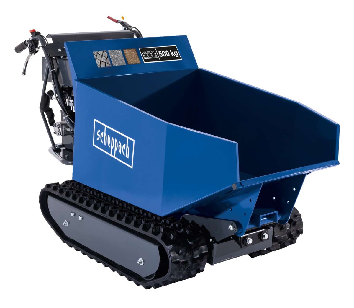 Scheppach dumper with 500 kg capacity, chain drive, hydraulic tilt container