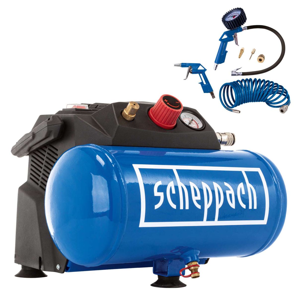 Scheppach oil-free air compressor with 6L tank, 8 bar capacity, including accessories and 5m hose