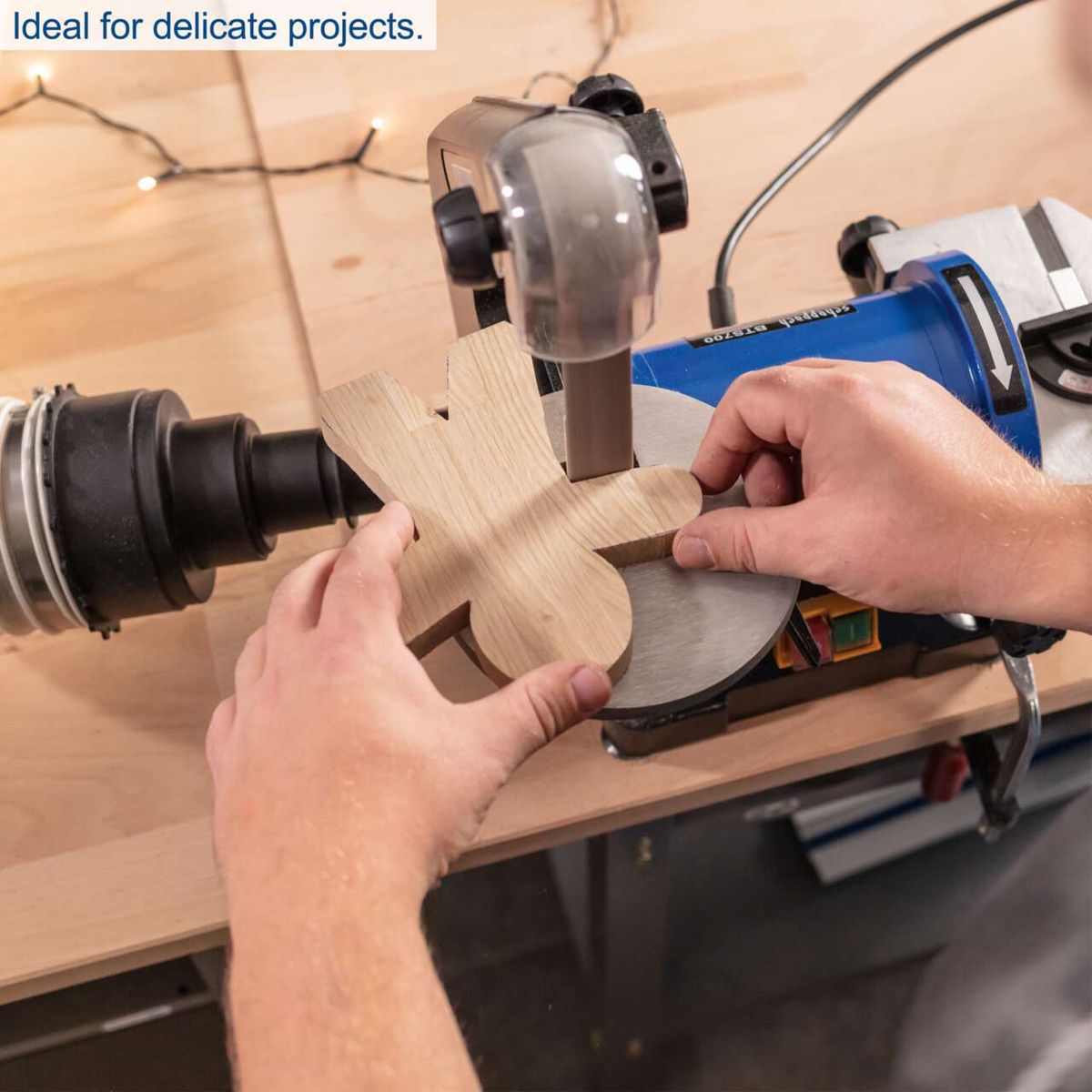 Adjustable table belt sander with detailed view of the sanding belt and disc setup