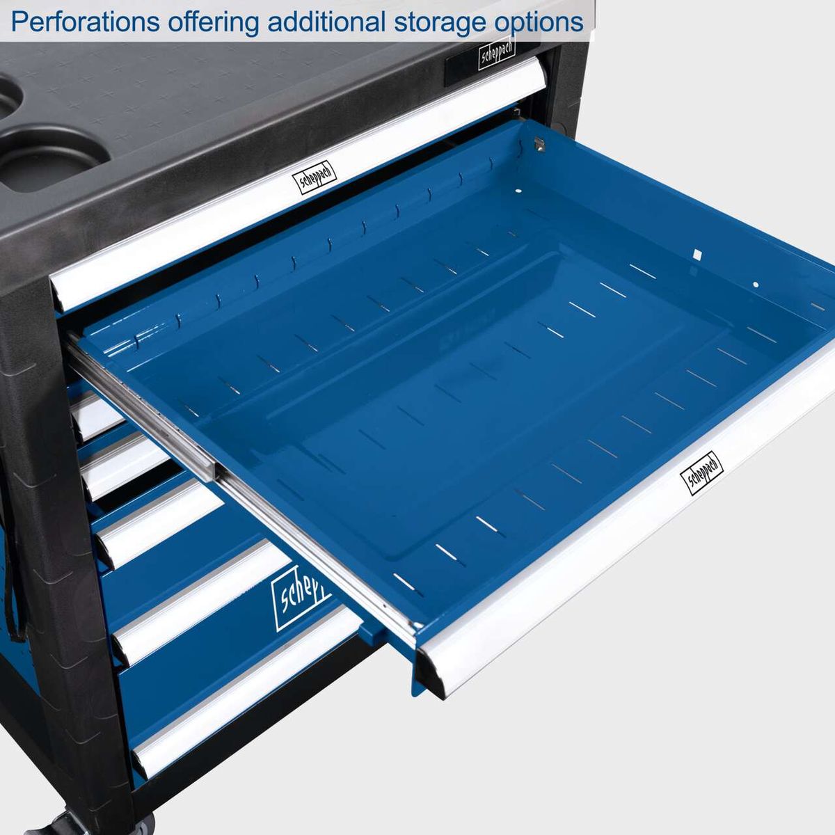 Perforated storage compartments for additional organization on the workshop trolley TW1000