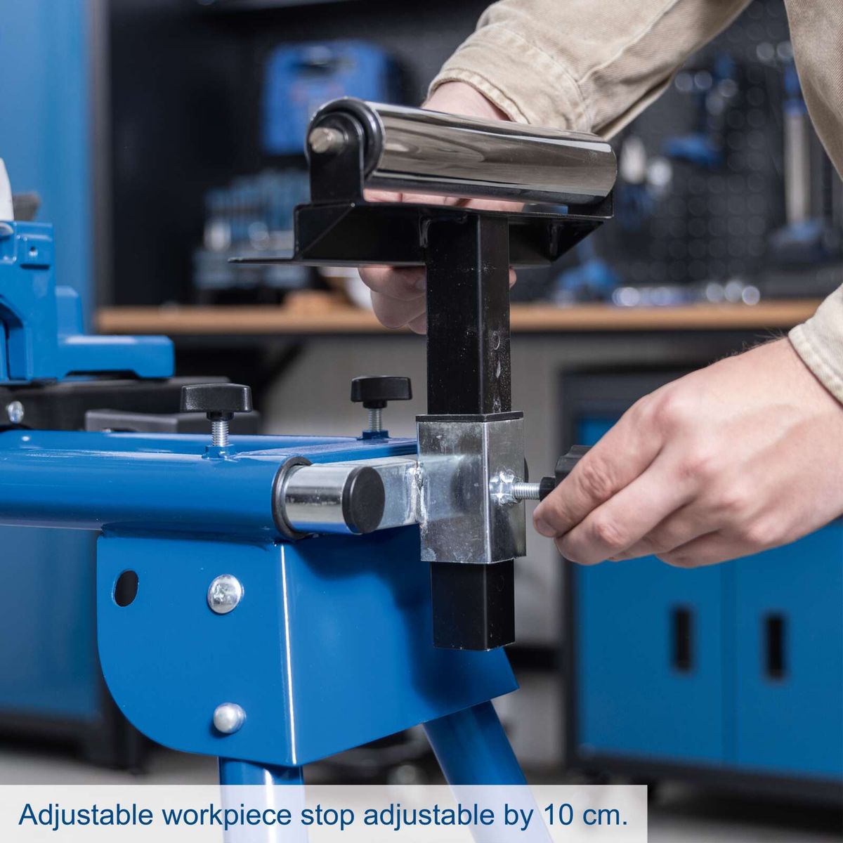Adjustable workpiece stop with 10 cm adjustment for Scheppach stand