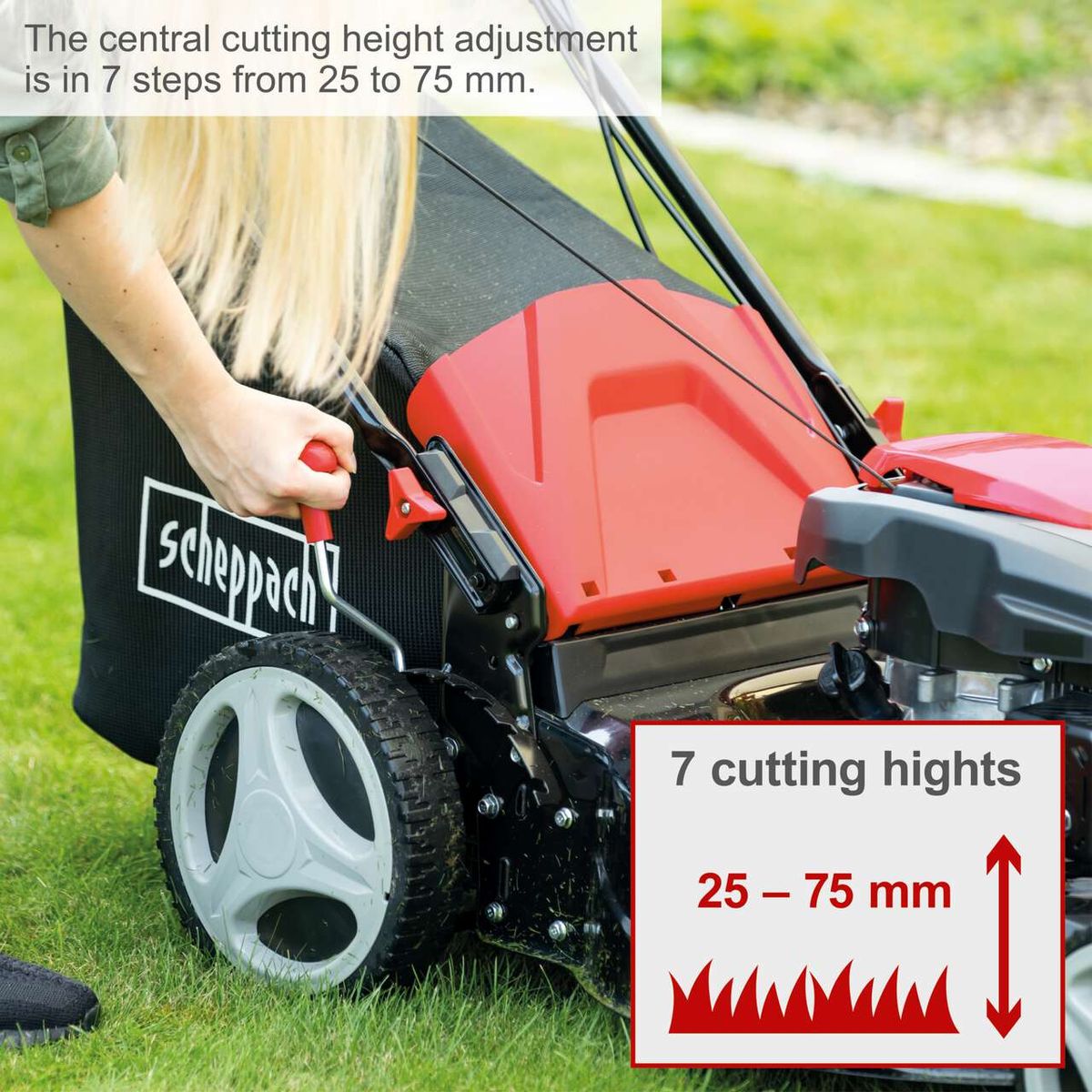 Scheppach petrol lawnmower with 7 height settings from 25 to 75 mm