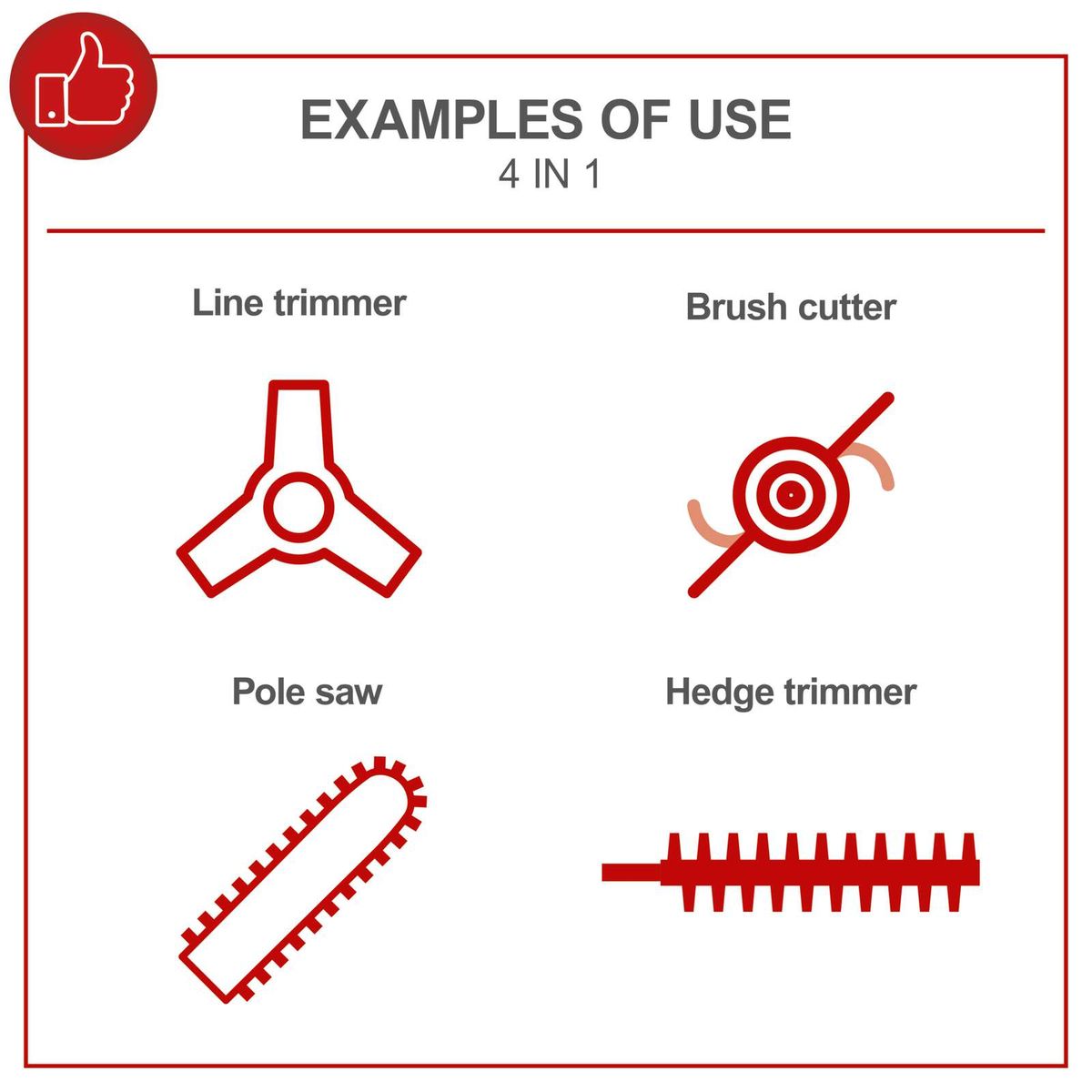 Multifunction tool illustration showing line trimmer, pole saw, hedge trimmer and brush cutter