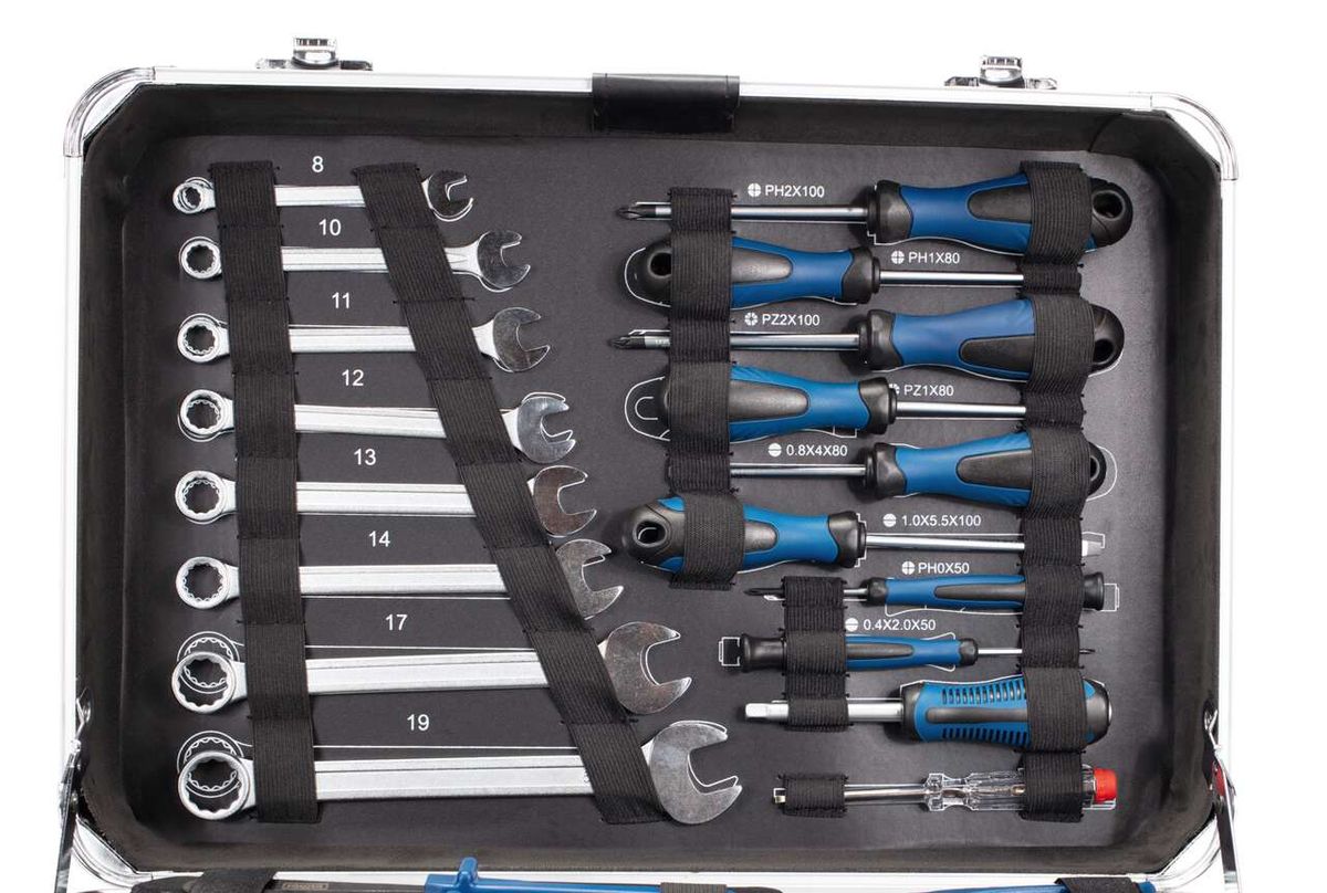 Scheppach tool kit with ring spanner and wrench holders, including screwdrivers and specialized tools