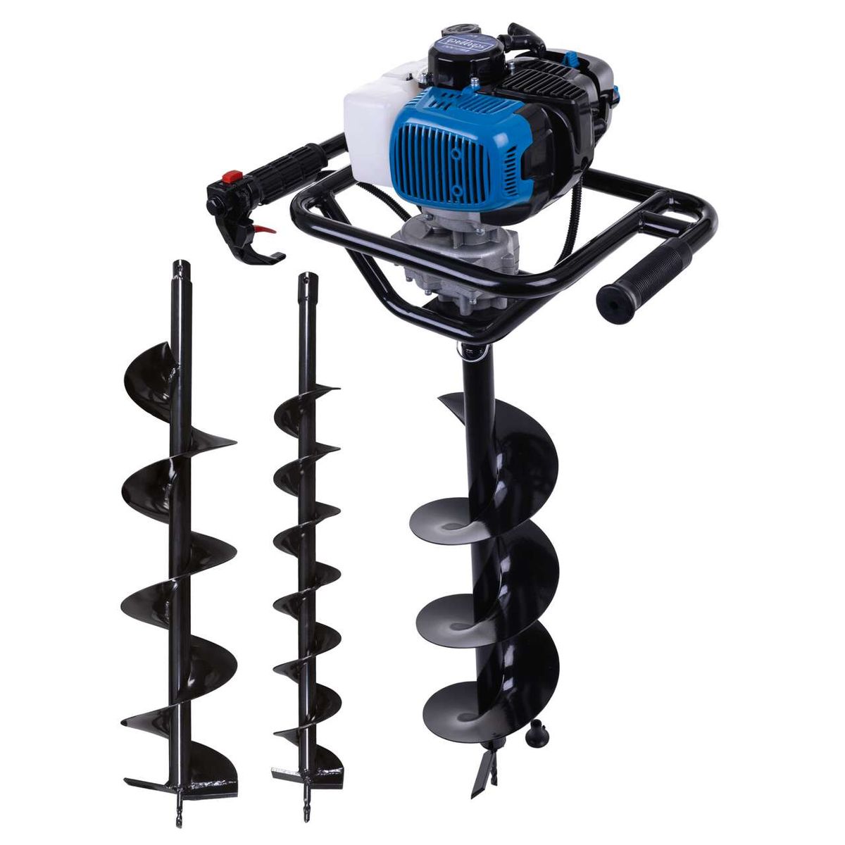 Gas-powered earth auger with multiple drill bit lengths for deep digging