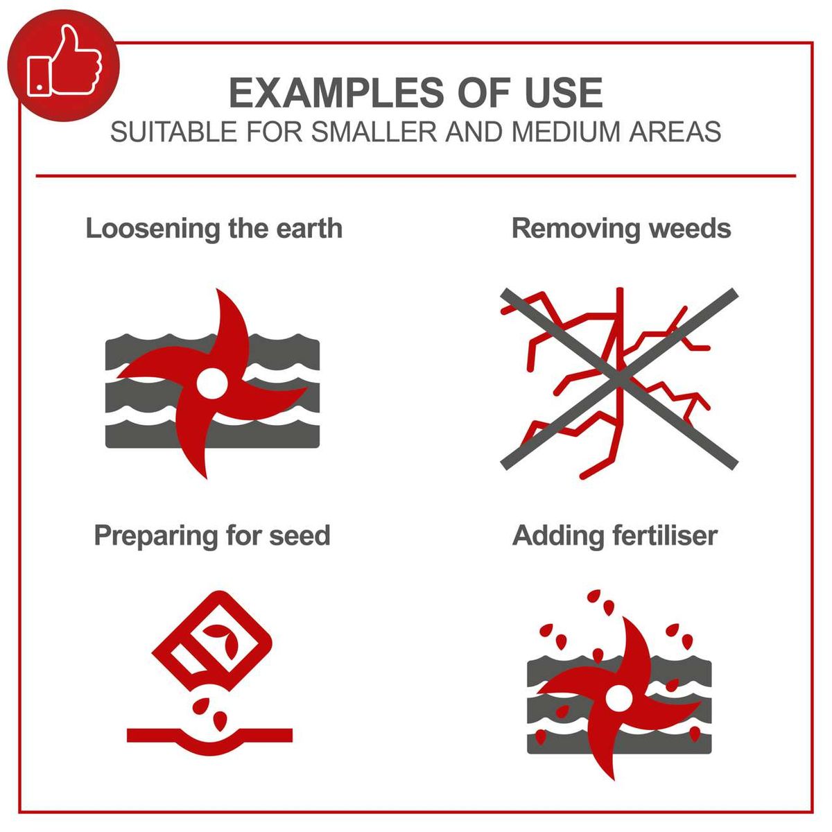 Examples of use for smaller and medium garden areas: loosening soil, removing weeds, preparing for seed, adding fertiliser