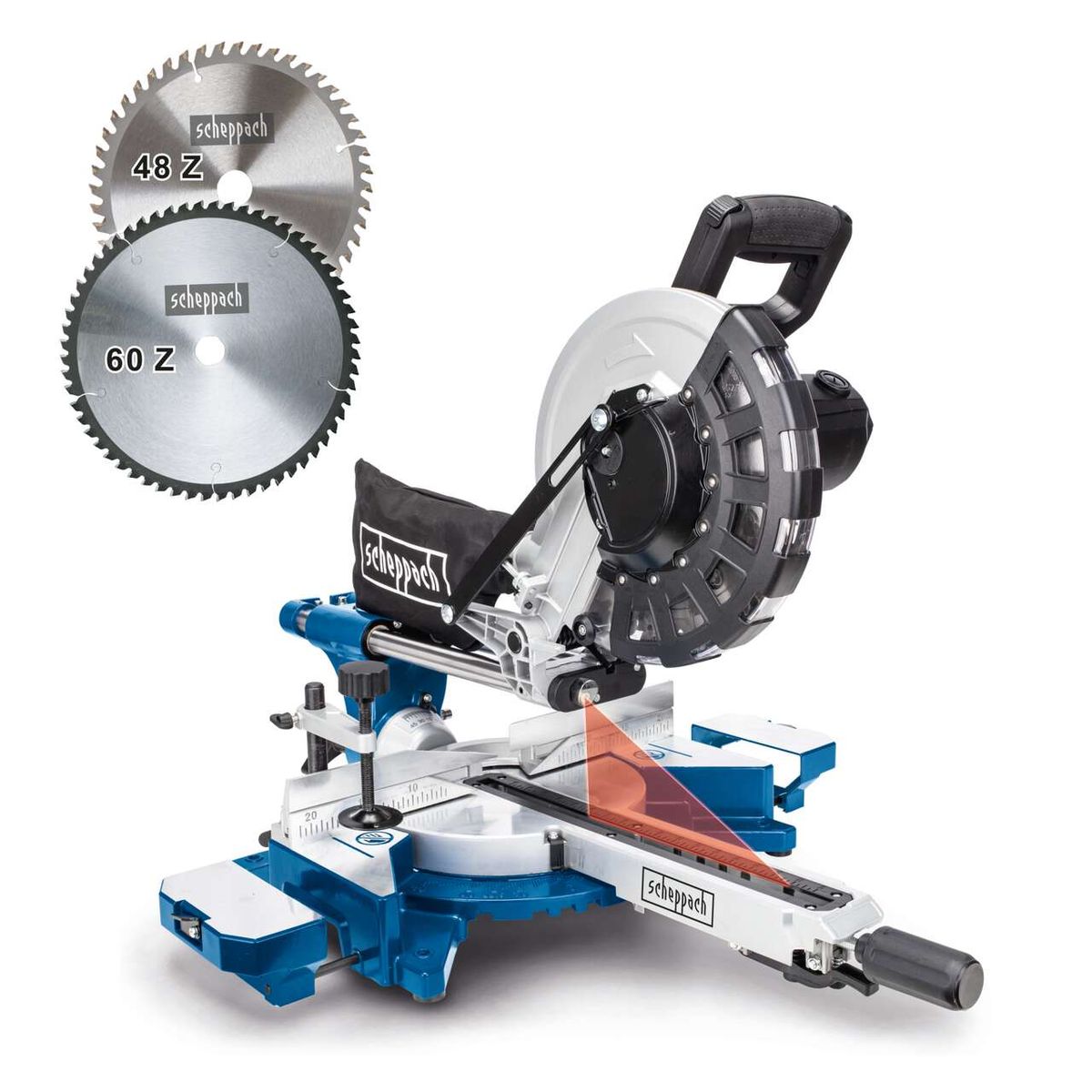 Scheppach HM254 sliding mitre saw with laser guide, 2000W, 48T/60T blades, 90mm cut height, 45° bevel angle