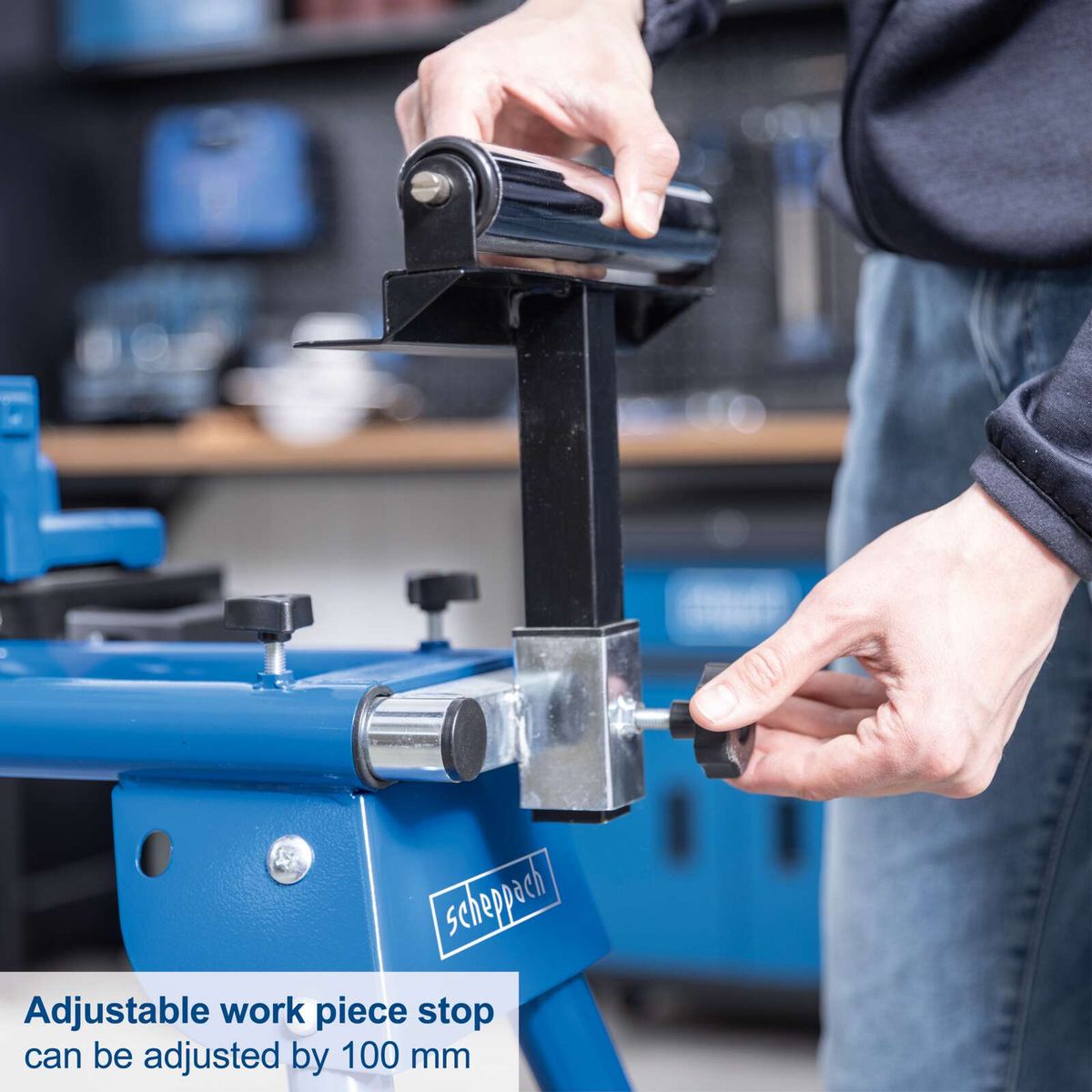 Adjustable work piece stop for Scheppach base with 100 mm adjustment capability