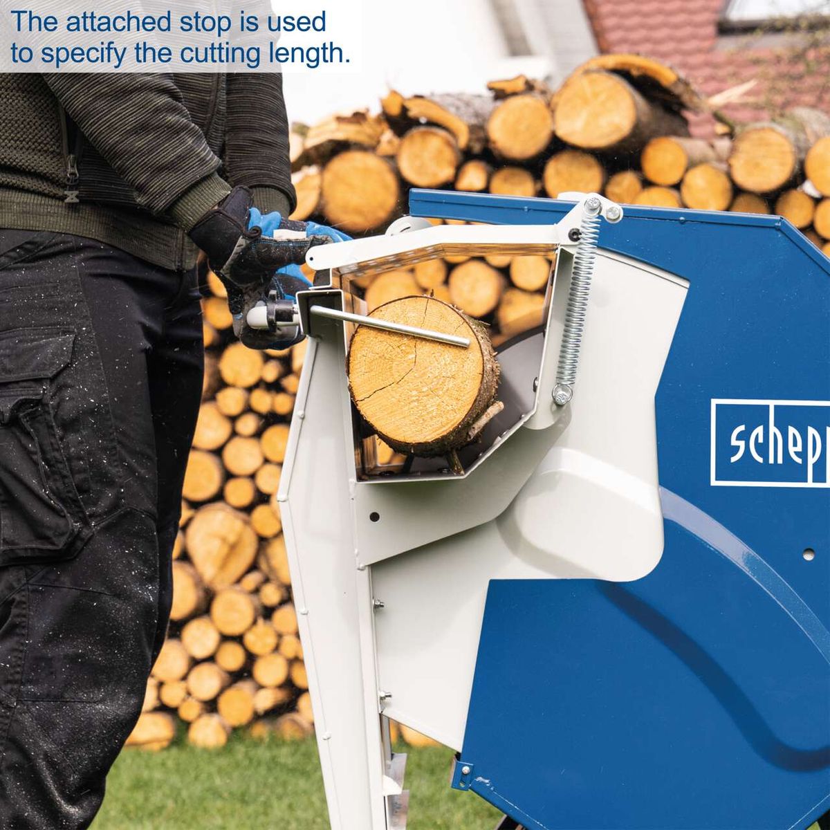 Reciprocating saw with adjustable cutting length stop for wood logs, part of HS510 series