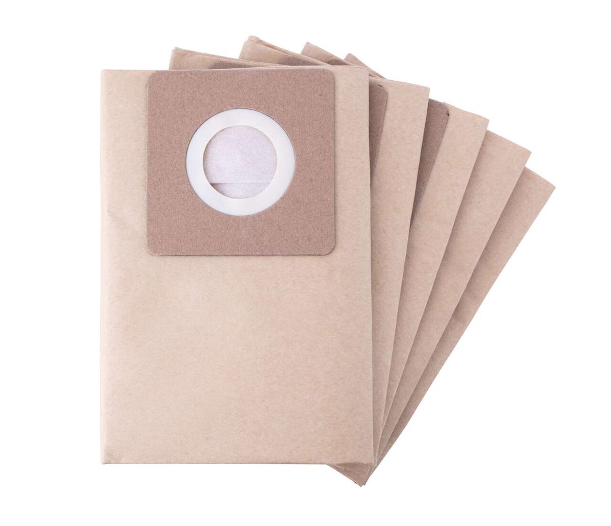Paper vacuum bags 30 litres wet/dry vacuum, 5 pieces, Scheppach NTS30 Premium. Shown from the front.