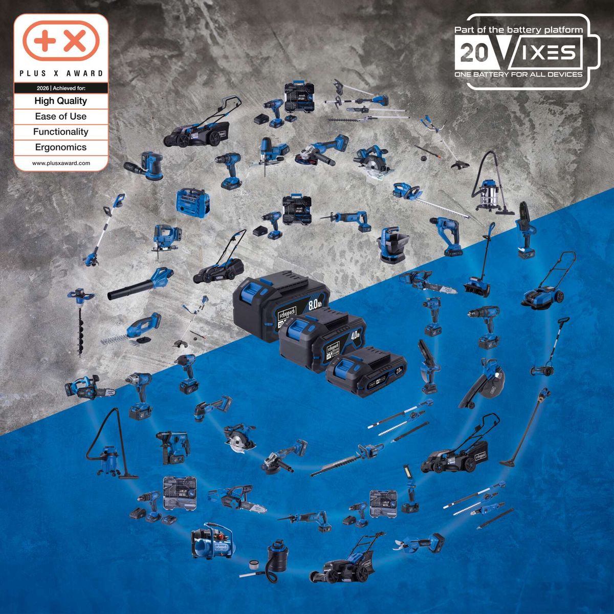 Scheppach 20V cordless garden tool set with battery and charger for 450–500 m²