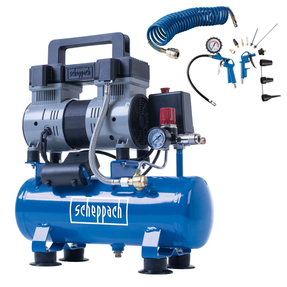 Scheppach air compressor with tank, motor, and control unit, including fittings and pressure gauge