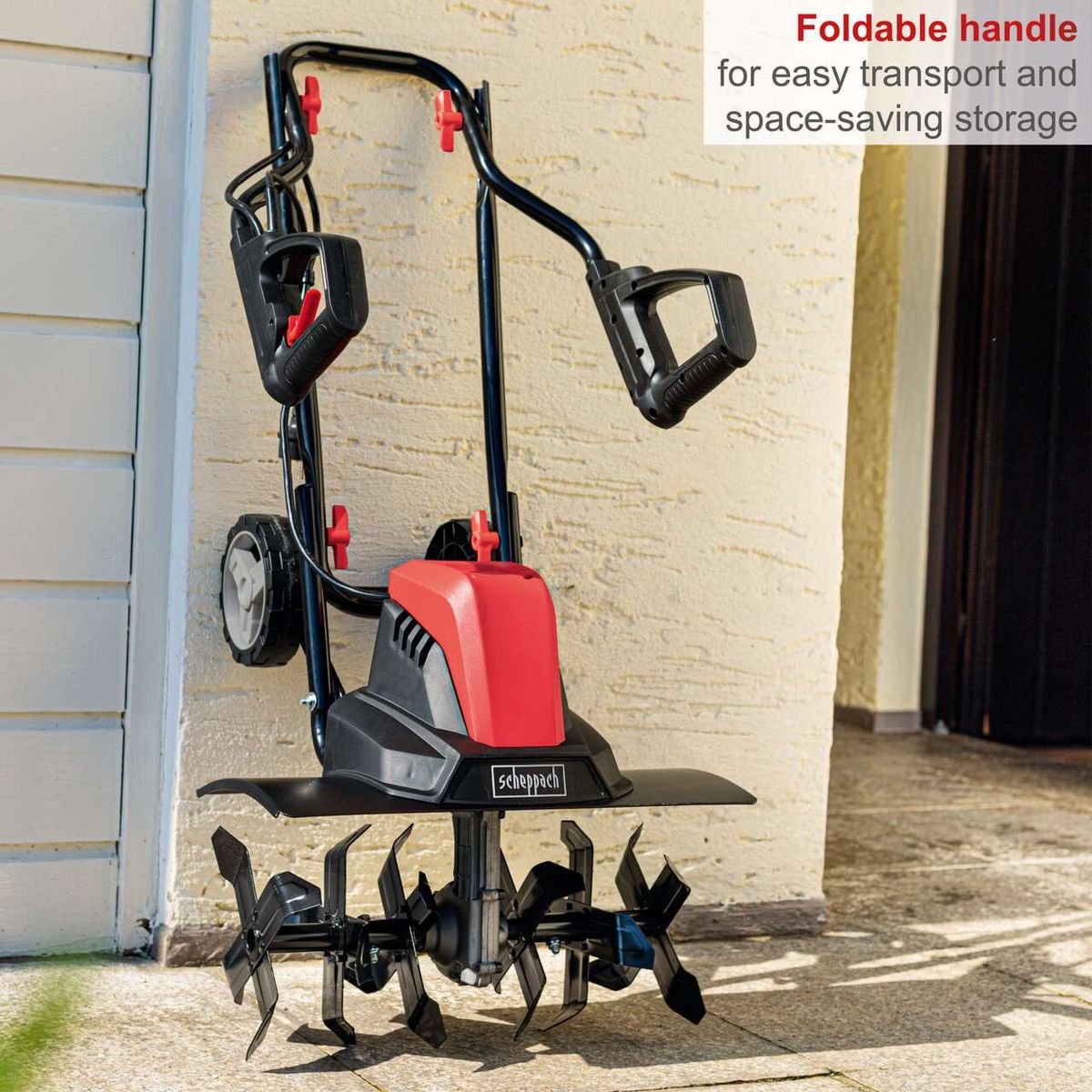 Scheppach electric motor hoe with foldable handle for easy transport and storage