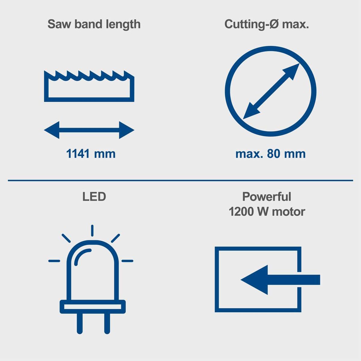 Metal band saw with LED lighting and 1200 W motor, max. 80 mm cutting diameter and 1141 mm band length