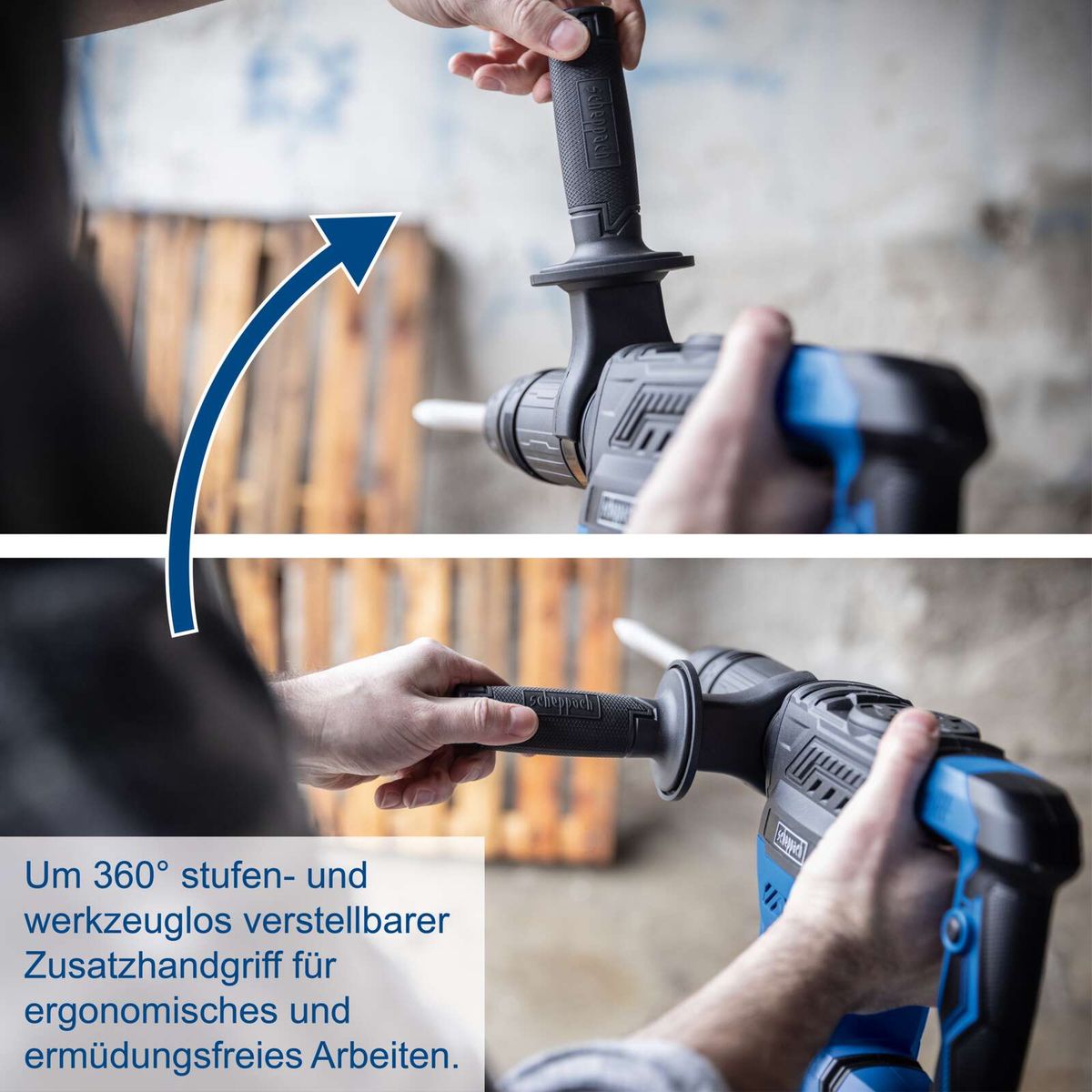 Adjustable ergonomic grip for 360° tool-free rotation for comfortable operation
