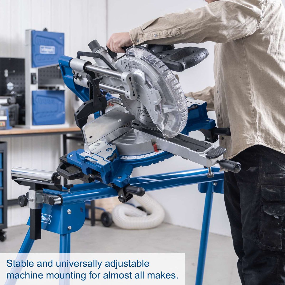 Stable and universally adjustable machine base for mitre saws, ensuring precision in use.
