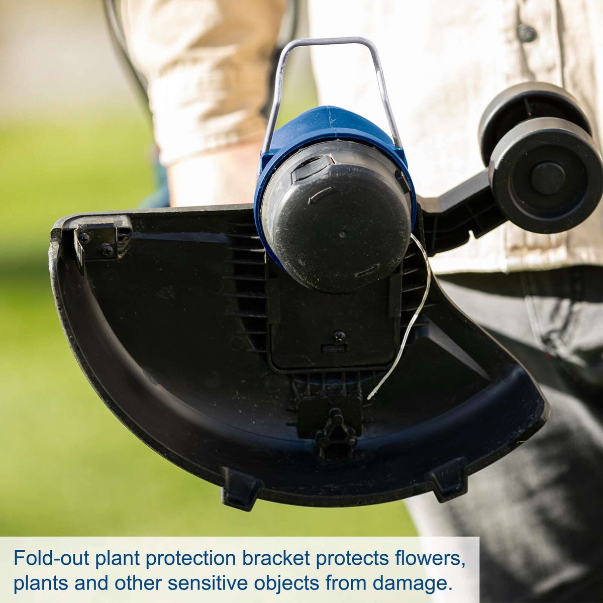 Fold-out plant protection bracket protecting flowers, plants, and sensitive objects during mowing.