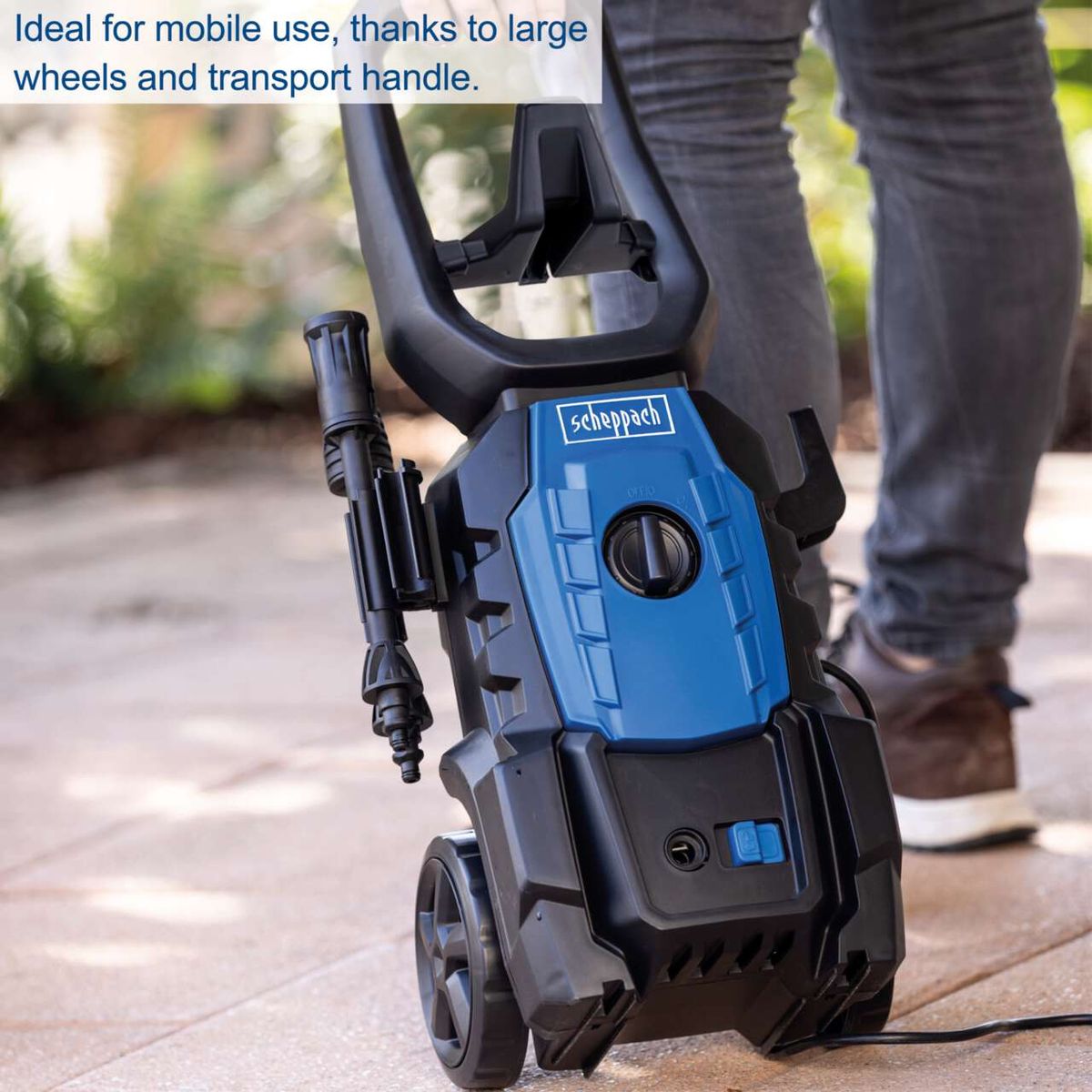 Scheppach pressure washer with large wheels and transport handle for easy mobility