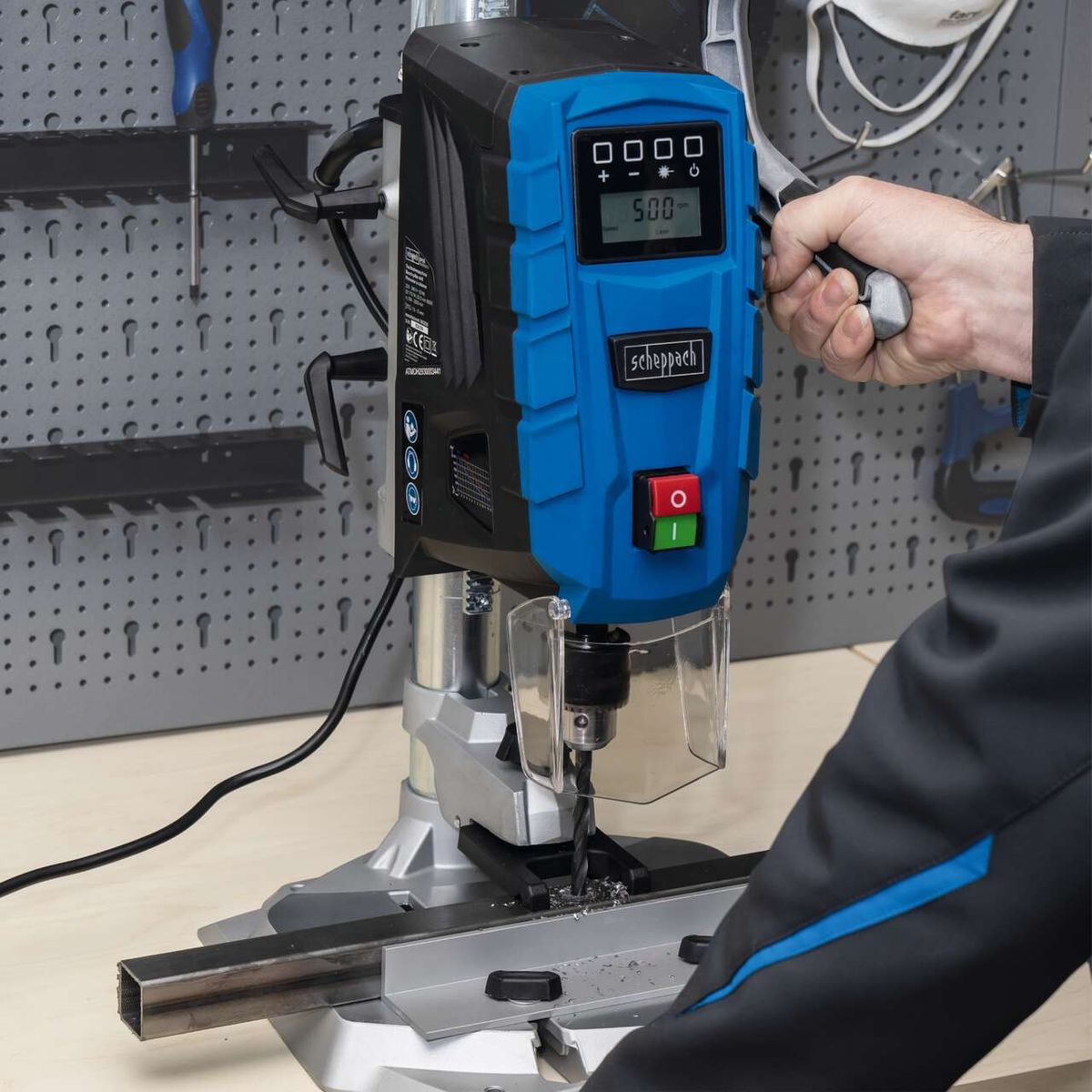 Scheppach bench drill with digital display and control buttons for accurate drilling