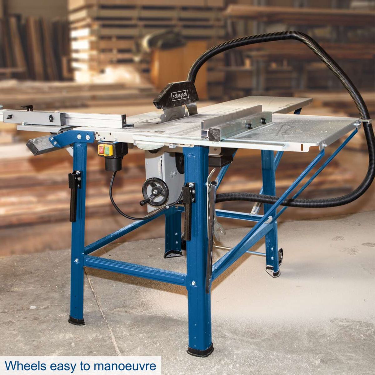 Table saw featuring easy-to-manoeuvre wheels for enhanced mobility