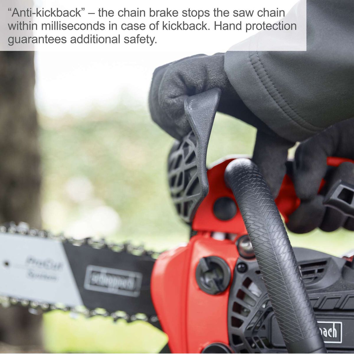 Anti-kickback system with immediate chain brake; protective hand guard for safe operation