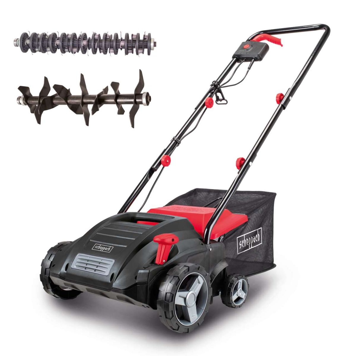 Electric scarifier with 32 cm working width, featuring 30L collection bin and cutting/lifting roller