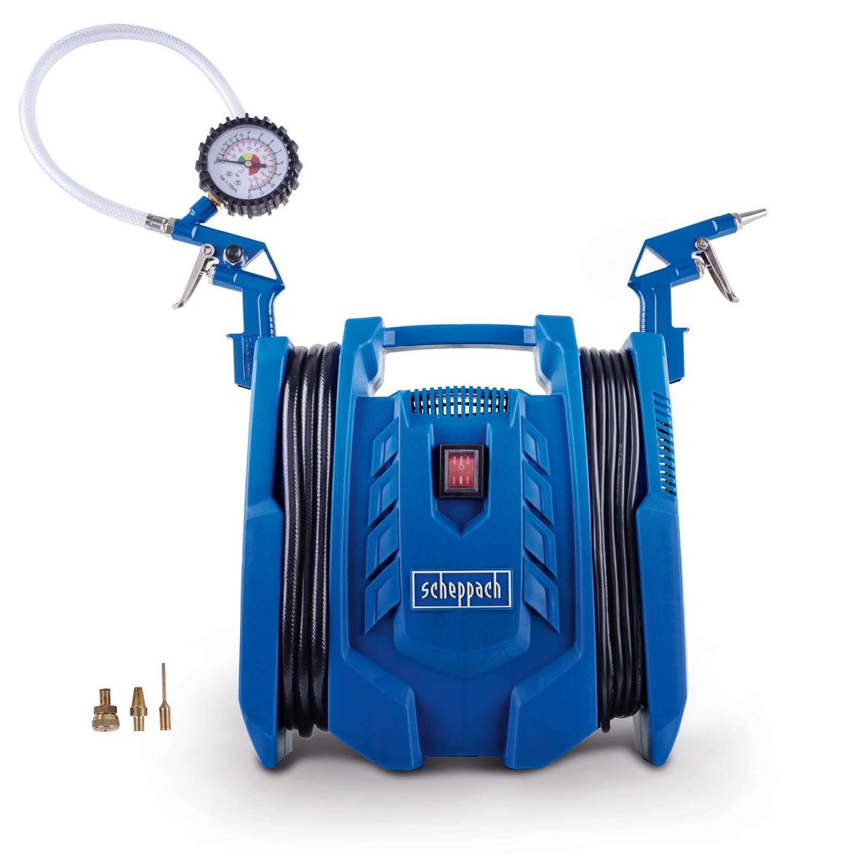 Scheppach air compressor set with air nozzle, adapter, and pressure gauge