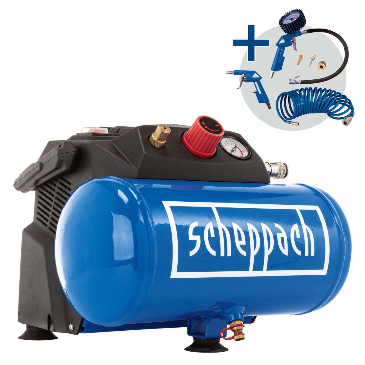 Scheppach air compressor featuring a 6-litre tank, oil-free, 8 bar capacity, with accessories and 5m hose