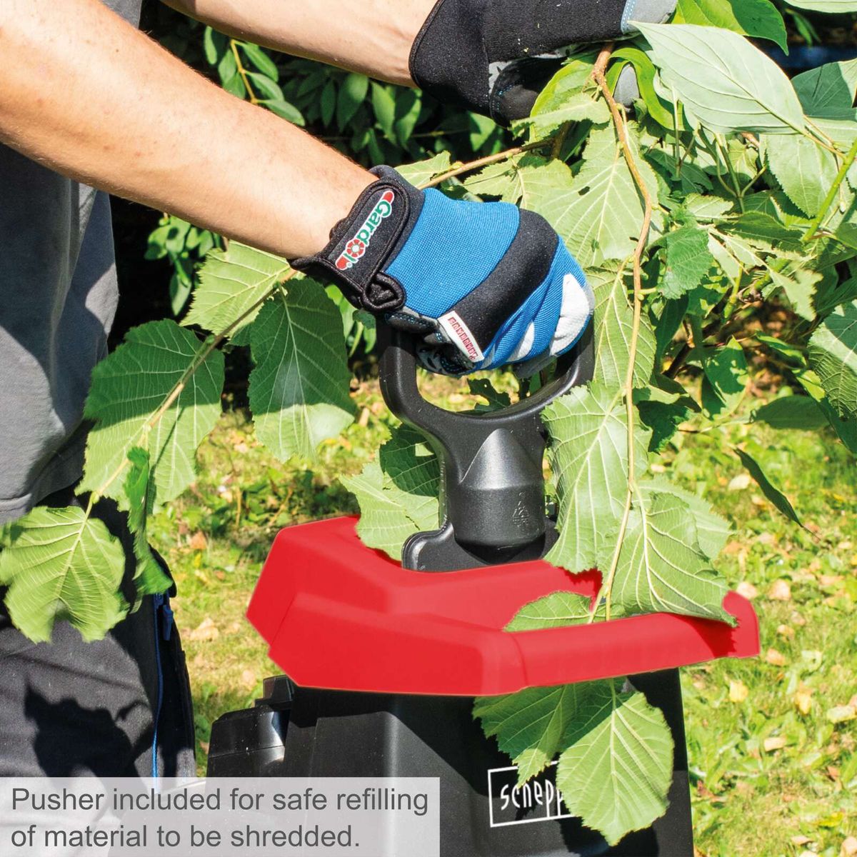 Scheppach electric shredder with safety refill chute for secure material feeding