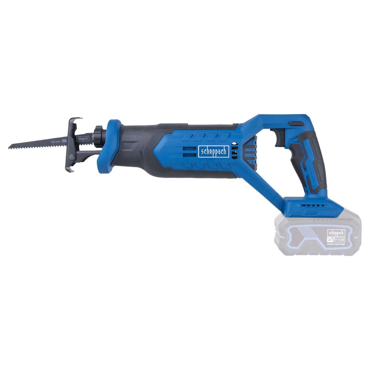 Scheppach reciprocating saw with 150mm blade and lithium-ion battery