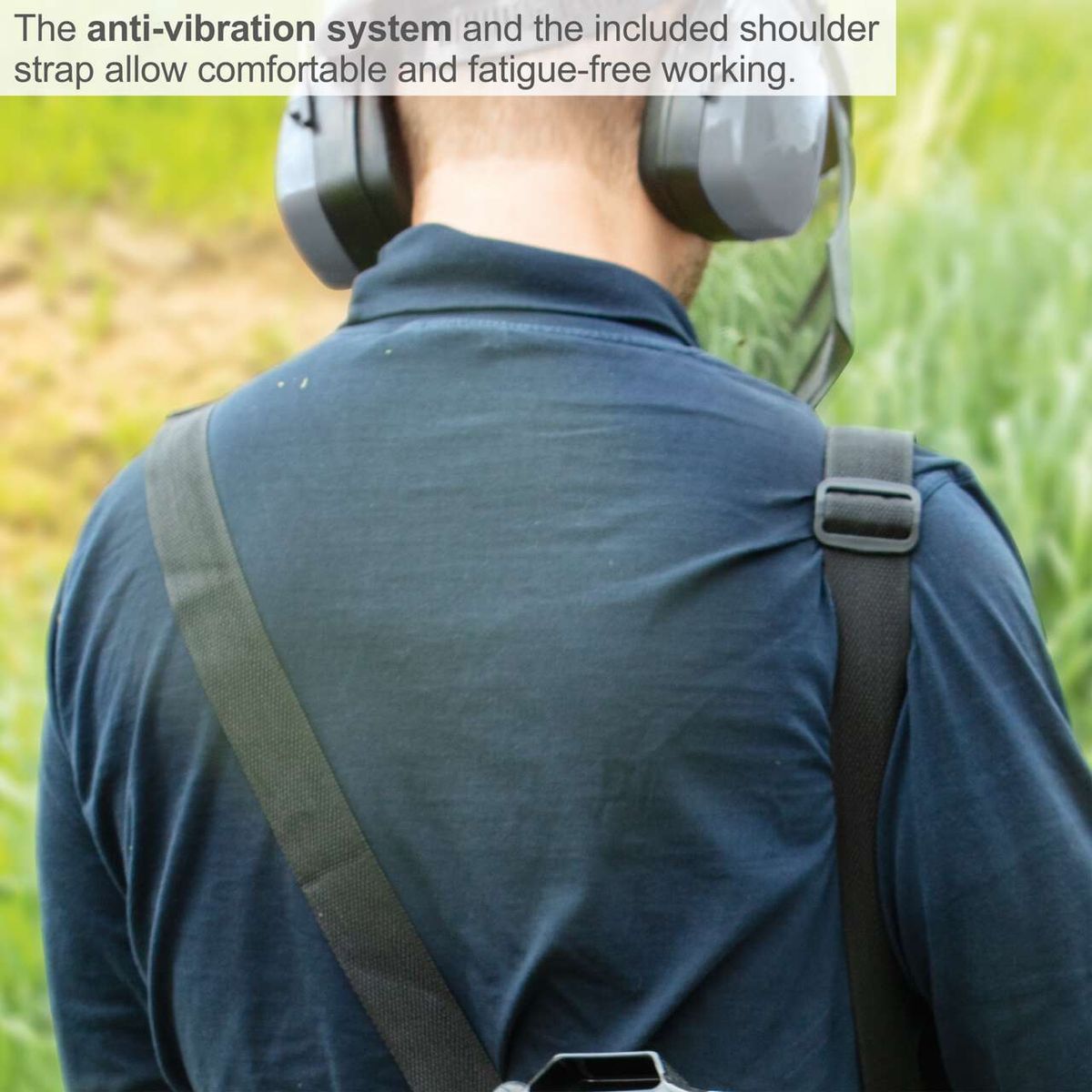 Anti-vibration system and shoulder strap for comfortable, fatigue-free operation