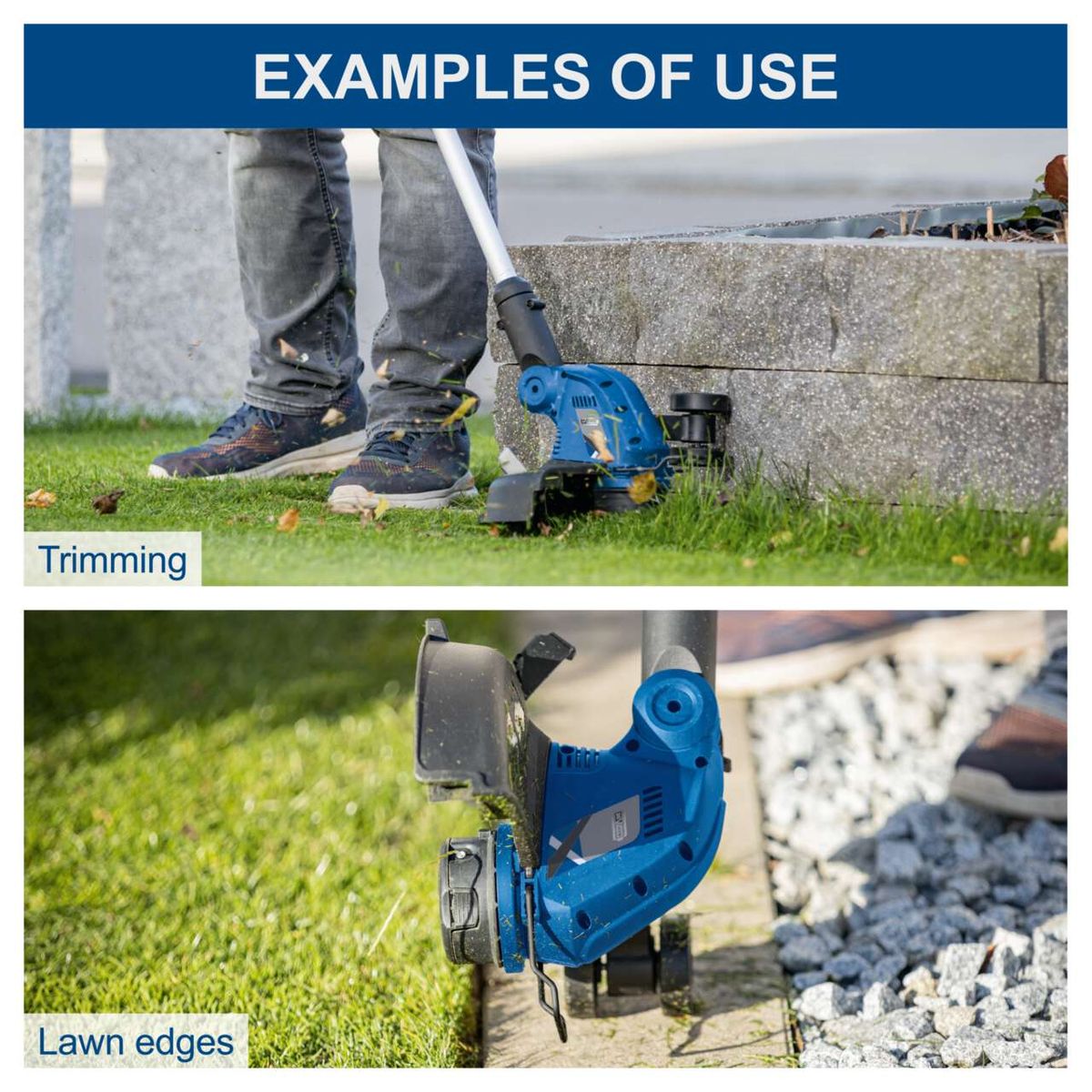 Scheppach cordless strimmer showing 3-meter cord length for precise grass trimming