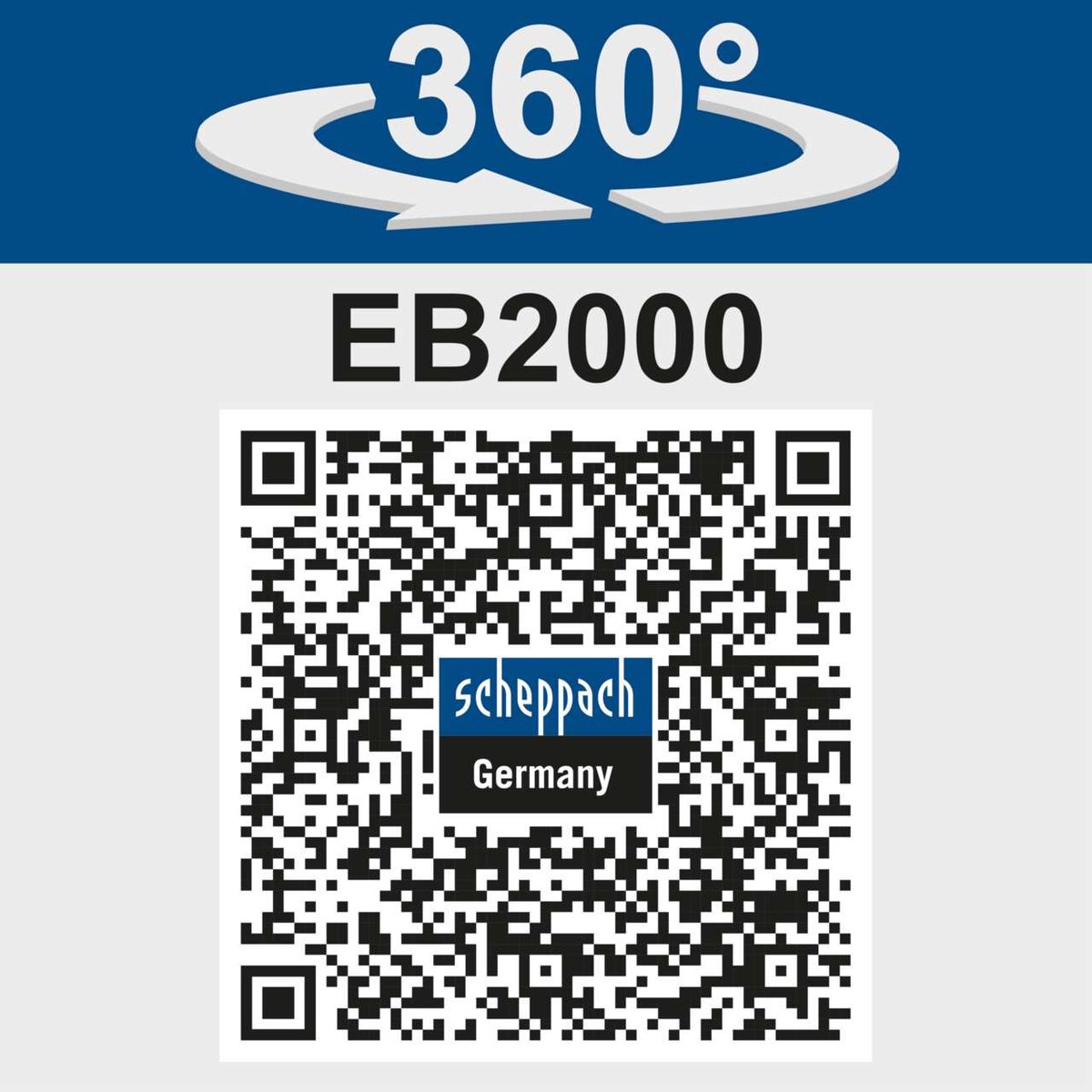Scheppach EB2000 earth auger featuring 360° rotation with QR code for product info