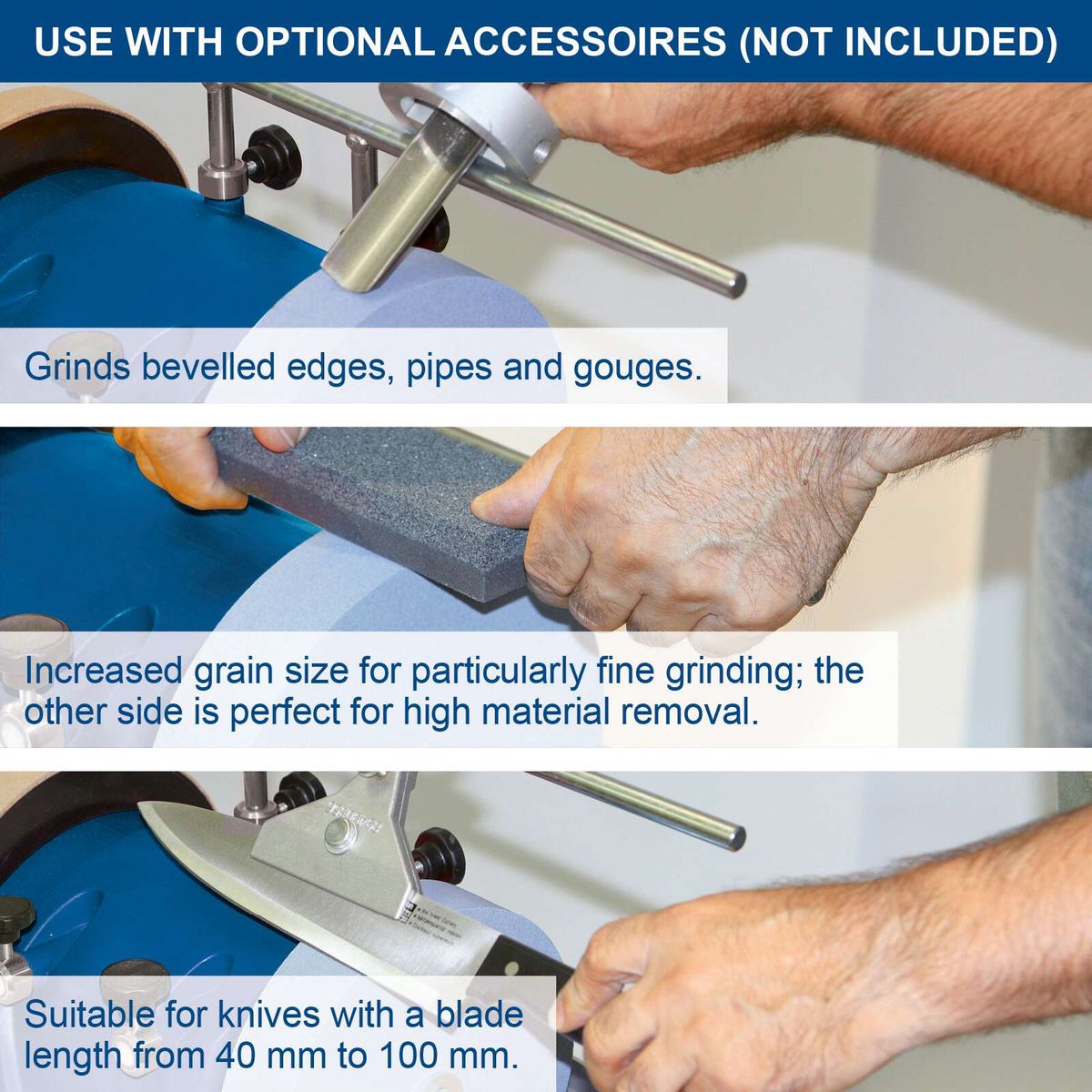 Increased grain size for fine grinding; one side perfect for fine finishing, the other for heavy material removal